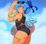  1girl absurdres blue_eyes blue_hair blue_ribbon blue_wings cirno fairy_wings flower highres ice ice_wings lanalopez92 plant ribbon short_hair solo sunglasses swimsuit tan tanned_cirno touhou vines wings 