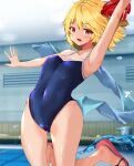  1girl arm_up armpits bare_shoulders blonde_hair blush cameltoe character_name eyebrows_visible_through_hair fang flat_chest fujiko_(emnprmn) hair_ribbon highres indoors jumping one-piece_swimsuit open_mouth outstretched_arms pool red_eyes ribbon rumia sandals school_swimsuit short_hair smile solo swimsuit touhou towel 