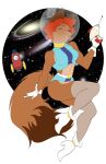  anthro bedroom_eyes breasts brown_body brown_fur bubble_helmet canid canine clothed clothing dipstick_tail evonallure female footwear fox fur gloves hair handwear hi_res high_heels legwear mammal midriff multicolored_tail narrowed_eyes orange_hair ray_gun seductive shoes solo thigh_highs 