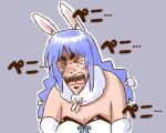  &gt;_&lt; 1girl animal_ears bangs bare_shoulders black_leotard blue_bow blue_hair bow braid breasts bunny_ears cleavage closed_eyes coat commentary_request detached_sleeves eyebrows_visible_through_hair hololive leotard long_hair nekoyama open_mouth outline parody parody_request rabbit_girl short_eyebrows simple_background solo strapless sweat thick_eyebrows translation_request twin_braids upper_body upper_teeth usada_pekora virtual_youtuber white_coat white_outline white_sleeves 