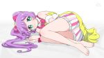 1girl bare_legs bare_shoulders barefoot blush bow bowtie commentary_request detached_sleeves dress eyebrows_visible_through_hair fetal_position green_eyes hair_bow hair_ornament heart heart_hair_ornament idol long_hair looking_at_viewer lying manaka_lala on_side pink_bow pretty_(series) pripara purple_hair see-through_sleeves signature simple_background smile solo spaghetti_strap tata_(tataice) treble_clef twintails twitter_username white_background wrist_bow 