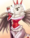  &lt;3 4:5 arthropod breasts christmas christmas_clothing christmas_headwear cleavage clothed clothing corset duo female hat headgear headwear holidays hollow_knight insect latiar lepidopteran lingerie male moth non-mammal_breasts one_eye_closed pale_king radiance_(hollow_knight) santa_hat team_cherry topwear video_games white_body white_lady_(hollow_knight) wink 