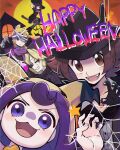  2boys 3girls acerola_(pokemon) agatha_(pokemon) bandages black_dress black_footwear black_gloves black_headwear black_sweater broom broom_riding brown_eyes brown_hair claw_pose closed_mouth commentary dress glasses gloves halloween happy_halloween hat headband highres hilbert_(pokemon) hood hood_up looking_at_viewer morty_(pokemon) multiple_boys multiple_girls open_mouth pantyhose pokemon pokemon_(game) pokemon_hgss pokemon_masters_ex purple_eyes purple_hair purple_headband purple_scarf ribbed_sweater scarf shauntal_(pokemon) smile star_(symbol) sweater teeth tongue watta02614129 witch_hat 