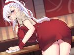  1girl apron ass azur_lane bangs beige_shirt belfast_(azur_lane) belfast_(piping-hot_perfection)_(azur_lane) bent_over blue_eyes blush braid breasts french_braid large_breasts long_hair looking_back low_neckline ponytail red_apron red_scrunchie scrunchie smile solo ushimittsu white_hair 