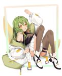  1girl armpit_peek border breasts bright_pupils cleavage english_commentary green_hair hair_tubes highres in0suke_(vtuber) indie_virtual_youtuber jacket long_hair looking_at_viewer medium_breasts off_shoulder sitting smile solo textless thigh_strap thighhighs virtual_youtuber white_background white_jacket white_pupils xiaociiao yellow_eyes 