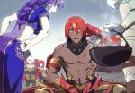  armor ashwatthama_(fate/grand_order) banana boudica_(fate/grand_order) bruise dark_skin embarrassed exposed_muscle fate/grand_order fate_(series) food fruit hand_on_hip holding indian_clothes injury karna_(fate) matou_sakura midriff mj_(11220318) pale_skin parvati_(fate/grand_order) pot purple_hair rama_(fate/grand_order) red_hair white_hair yellow_eyes 