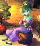  1girl anklet artist_name bare_shoulders bracelet breasts brick_wall cleavage collarbone colored_skin commentary cosplay cup english_commentary eyebrows_visible_through_hair green_hair green_skin head_tilt high_ponytail jewelry large_breasts looking_at_viewer necklace ponytail puffy_pants red_eyes rottytops shantae_(character) shantae_(character)_(cosplay) shantae_(series) shoes short_hair sitting smile solo spoon takuyarawr wooden_box 