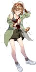  1girl 1other animal animal_on_head bandaid bandaid_on_face beans blush breasts brown_eyes closed_mouth coat collarbone crab crab_on_head drew_(drew213g) full_body green_coat green_skirt kantai_collection light_brown_hair long_sleeves masu medium_breasts oboro_(kantai_collection) official_art on_head one_eye_closed open_clothes open_coat pet shoes short_hair skirt sneakers torn_clothes transparent_background watch white_footwear wristwatch 