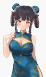  1girl bangs bare_arms bare_shoulders black_hair blue_dress blush braid breasts bun_cover china_dress chinese_clothes cleavage commentary_request commission double_bun dress eyebrows_visible_through_hair grey_background grey_eyes hand_up highres jfjf large_breasts looking_at_viewer original short_hair sidelocks simple_background skeb_commission sleeveless sleeveless_dress solo upper_body 