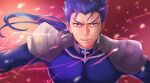  1boy armor blue_hair cu_chulainn_(fate)_(all) earrings fate/stay_night fate_(series) floating_hair grin jewelry lancer long_hair looking_at_viewer male_focus nozawa open_mouth pauldrons ponytail red_eyes shoulder_armor skin_tight smile solo spiked_hair type-moon 