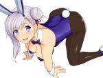  1girl alternate_hairstyle animal_ears ass black_legwear blue_eyes blue_leotard blue_neckwear bow bowtie breasts bunny_ears bunny_tail commentary_request detached_collar fake_animal_ears fate/grand_order fate_(series) hair_bun haruhisky large_breasts leotard long_hair miyamoto_musashi_(fate/grand_order) one-piece_thong pantyhose playboy_bunny silver_hair simple_background solo strapless strapless_leotard tail thong_leotard tied_hair white_background wrist_cuffs 