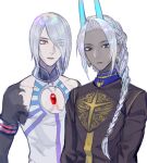  2boys alternate_costume alternate_hairstyle arjuna_alter bangs braid braided_ponytail brown_eyes collared_shirt earrings fate/grand_order fate_(series) horns indian_clothes jewelry karna_(fate) looking_at_viewer mj_(11220318) multiple_boys pale_skin ponytail shirt upper_body white_background 