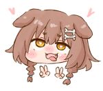  1girl :3 :d ahegao animal_ear_fluff animal_ears bangs blush blush_stickers bone_hair_ornament braid bright_pupils brown_hair chibi commentary_request double_v eyebrows_visible_through_hair fangs hair_between_eyes hair_ornament hairclip half-closed_eyes head heart heart-shaped_pupils hololive inugami_korone long_hair looking_at_viewer nekoyama nose_blush open_mouth simple_background smile solo symbol-shaped_pupils twin_braids v virtual_youtuber white_background white_pupils yellow_eyes 