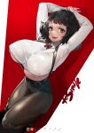 1girl areola_slip areolae arms_behind_head arms_up bangs black_hair black_pants bow breasts collared_shirt commentary_request crop_top curvy dutch_angle fang highres huge_breasts kawakami_sadayo open_mouth pants persona persona_5 red_background red_bow shirt short_hair skin_fang standing suspenders tamada_heijun underboob white_shirt yellow_eyes 