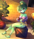  1girl anklet artist_name bare_shoulders barefoot bracelet breasts brick_wall cleavage collarbone colored_skin commentary cosplay cup english_commentary eyebrows_visible_through_hair green_hair green_skin head_tilt high_ponytail jewelry large_breasts looking_at_viewer necklace no_pants ponytail red_eyes rottytops shantae_(character) shantae_(character)_(cosplay) shantae_(series) short_hair sitting smile solo spoon takuyarawr wooden_box 