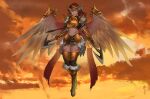  1girl abs angel_wings armor artist_name axe belt blue_eyes boots braid breastplate brown_hair cloud commentary commission copyright_request dual_wielding english_commentary floating full_body fur-trimmed_boots fur_trim gauntlets high_heel_boots high_heels holding knee_boots less long_hair looking_at_viewer midriff orange_sky parted_lips sky smile solo tattoo thighhighs visor_(armor) wings 