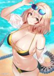  1girl azur_lane batsu beach bikini blonde_hair breasts commission eyewear_on_head highlights highres large_breasts looking_at_viewer mechanical_tail midriff multicolored_hair navel ocean roon_(azur_lane) see-through shirt skeb_commission sunglasses swimsuit tail two-tone_hair wet wet_clothes wet_shirt 