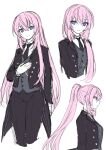  1girl black_neckwear black_pants black_suit blue_eyes commentary formal from_side grey_vest hand_on_own_chest highres kkr_rkgk long_hair looking_at_viewer megurine_luka multiple_views necktie pants pink_hair ponytail sketch smile suit upper_body very_long_hair vest vocaloid white_background 