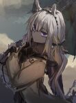  1girl arknights bangs black_hairband brown_coat camel_ears closed_mouth coat collarbone dark_skin from_side hairband holding holding_umbrella long_sleeves looking_at_viewer looking_to_the_side purple_eyes raw_egg_lent silver_hair sketch solo tuye_(arknights) umbrella upper_body 
