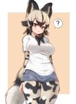  1girl :3 ? absurdres african_wild_dog_(kemono_friends) african_wild_dog_print akaisuto animal_ears arms_at_sides black_hair bodystocking bow bowtie breast_pocket breasts closed_mouth collared_shirt commentary cutoffs denim denim_shorts dog_ears dog_girl dog_tail extra_ears eyebrows_visible_through_hair grey_hair hair_between_eyes highres kemono_friends large_breasts long_sleeves looking_at_viewer medium_hair multicolored_hair orange_eyes pocket shirt short_over_long_sleeves short_shorts short_sleeves shorts sidelocks smile solo spoken_question_mark tail thigh_gap two-tone_hair white_shirt wing_collar 