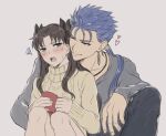  1boy 1girl black_hair blue_eyes blue_hair blush brown_hair collarbone cu_chulainn_(fate)_(all) cup earrings fate/stay_night fate_(series) grey_background grey_shirt hair_ribbon heart hetero highres holding holding_cup jewelry knees_up lancer long_hair long_sleeves looking_at_another mondi_hl one_eye_closed open_mouth pants ponytail red_eyes ribbed_sweater ribbon shirt sketch smile sweatdrop sweater tohsaka_rin turtleneck two_side_up upper_teeth 