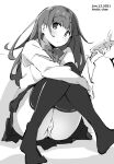  bangs black_legwear cellphone long_hair looking_at_viewer monochrome original panties pantyshot phone sitting sketch skirt solo tabata_hisayuki thighhighs underwear 