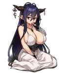  1girl antenna_hair bandaged_arm bandages bangs bare_shoulders black_gloves blush breasts cleavage collarbone danua draph dress fingerless_gloves gloves granblue_fantasy hair_between_eyes horn_ornament horns houtengeki large_breasts long_hair looking_at_viewer pointy_ears purple_hair red_eyes solo thumb_sucking white_dress 