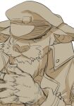  2020 5_fingers ahab_(tas) aruji_yume beard bovid bovine clothed clothing coat eye_scar facial_hair facial_scar fingers fur hat headgear headwear humanoid_hands male mammal ring scar simple_background smoking_pipe solo tokyo_afterschool_summoners topwear true_buffalo video_games water_buffalo white_background 