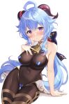  1girl absurdres ahoge arm_support bare_arms bare_shoulders bell blue_hair blush bodystocking breasts cleavage covered_navel cowbell detached_collar ganyu_(genshin_impact) genshin_impact goat_horns gold_trim groin hand_on_own_chest heart_pasties highres horns large_breasts long_hair looking_at_viewer low_ponytail nose_blush parted_lips pasties pn_(wnsl216) purple_eyes simple_background sitting solo sweat thigh_gap very_long_hair white_background 