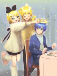  1girl 2boys aqua_eyes bangs black_bow blonde_hair blue_coat blue_eyes blue_hair bow cake cellphone chair coat commentary crown cup dress food fork galette_des_rois_(food) hair_bow hair_ornament hairclip holding holding_fork kagamine_len kagamine_rin kaito kikuchi_mataha kneehighs leg_up multiple_boys phone plate putting_on_headwear shirt short_hair sitting slippers smartphone smile sparkle spiked_hair star_(symbol) striped_wall swept_bangs table taking_picture vocaloid white_dress white_shirt yellow_shirt 