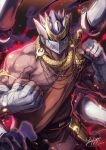  1boy armlet aura bandages bara bare_pecs bare_shoulders bead_necklace beads cowboy_shot dai-xt dark_skin dark_skinned_male energy fighting_stance fingerless_gloves gloves helmet highres jewelry looking_at_viewer male_focus monk muscular muscular_male necklace official_art pectorals sash shiva_(tokyo_houkago_summoners) solo tokyo_houkago_summoners veins 