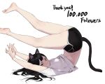  1girl animal_ears ass bangs bare_legs barefoot black_hair black_shorts blake_belladonna breasts cat_ears cat_girl cat_tail commentary dongho_kang english_commentary feet_up fingernails from_side full_body hands_up highres legs_up long_hair looking_at_viewer milestone_celebration original sharp_fingernails shirt short_shorts shorts simple_background solo tail thank_you top-down_bottom-up v-shaped_eyebrows white_nails white_shirt yellow_eyes 