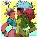  2girls artist_name bodysuit border bracelet breasts brown_hair bun_cover chinese_clothes chun-li commentary cropped_jacket double_bun english_commentary from_side gloves hand_on_another&#039;s_chin hand_on_hip headband highres jewelry marvel marvel_vs._capcom marvel_vs._capcom_2 multicolored_hair multiple_girls no_legwear outside_border philip_bawasanta profile rogue_(x-men) speech_bubble spiked_bracelet spikes spoken_squiggle squiggle standing street_fighter two-tone_hair white_border x-men yuri 