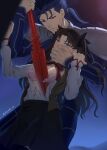  1boy 1girl artist_name bangs behind_another black_hair black_skirt blue_background blue_eyes blue_hair bra breasts covering_mouth cu_chulainn_(fate)_(all) dutch_angle fate/stay_night fate_(series) grabbing grabbing_from_behind hair_ribbon hand_on_another&#039;s_mouth height_difference highres homurahara_academy_uniform jewelry lancer long_hair long_sleeves looking_down medium_breasts mondi_hl parted_lips pink_bra ponytail red_eyes ribbon shirt shoulder_plates skirt tearing_up tohsaka_rin torn_bra torn_clothes two_side_up underwear vest weapon white_shirt 