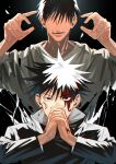  2boys bangs black_background black_eyes black_hair black_jacket blood blood_on_face faceless faceless_male father_and_son fushiguro_megumi fushiguro_touji gakuran hair_between_eyes hands_up high_collar highres injury jacket jujutsu_kaisen long_sleeves looking_at_viewer mirin_(coene65) multiple_boys open_mouth own_hands_together scar scar_on_face school_uniform short_hair smile spiked_hair sweater tsurime upper_body white_sweater 