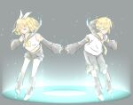  1boy 1girl ametani_kion arm_warmers bangs bare_shoulders blonde_hair bow closed_eyes collar commentary crop_top digital_dissolve full_body glowing grey_collar grey_shorts grey_sleeves hair_bow hair_ornament hairclip kagamine_len kagamine_rin leg_warmers materializing neckerchief necktie outstretched_arms sailor_collar school_uniform shirt short_hair short_ponytail short_shorts short_sleeves shorts shoulder_tattoo sleeveless sleeveless_shirt swept_bangs tattoo virtual_reality vocaloid white_bow white_shirt yellow_neckwear 