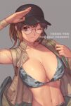  1girl bag bra breasts brown_eyes brown_hair camouflage camouflage_bra cleavage closed_mouth collarbone commentary_request crop_top eyebrows_visible_through_hair fio_germi glasses gloves grey_background hand_up hat ibanen large_breasts looking_at_viewer metal_slug navel one_eye_closed open_clothes round_eyewear salute short_hair short_ponytail shorts sidelocks smile solo stomach thank_you underwear upper_body vest 