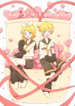  1boy 1girl arm_warmers bangs bare_shoulders black_collar black_shorts black_sleeves blonde_hair blue_eyes blush bow collar commentary confetti crop_top fang full_body hair_bow hair_ornament hairclip happy_birthday headphones heart highres kagamine_len kagamine_rin leg_warmers looking_at_viewer neckerchief necktie open_mouth red_ribbon ribbon sailor_collar school_uniform shirt short_hair short_ponytail short_shorts short_sleeves shorts sitting skin_fang sleeveless sleeveless_shirt smile spiked_hair swept_bangs vocaloid white_bow white_shirt yellow_nails yellow_neckwear zimoow 