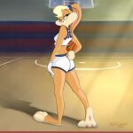  anthro ball basketball basketball_(ball) basketball_court big_butt blonde_hair blue_eyes breasts butt clothed clothing detailed_background feet female fur hair half-closed_eyes hi_res holding_ball holding_object inside lagomorph leporid lola_bunny looking_back looney_tunes mammal narrowed_eyes paws rabbit rear_view shadow small_breasts smile solo standing strawbear teeth warner_brothers 