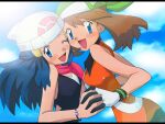  2girls :d ;d bangs beanie blue_eyes blue_hair blush bracelet brown_hair cloud commentary_request dawn_(pokemon) day eyebrows_visible_through_hair eyelashes floating_hair gloves green_bandana hat holding_hand jewelry may_(pokemon) multiple_girls official_style one_eye_closed open_mouth pink_scarf pokemon pokemon_(anime) pokemon_dppt_(anime) scarf sky smile white_headwear y@mato 