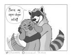  2021 anthro comic dialogue digital_drawing_(artwork) digital_media_(artwork) duo english_text eyes_closed felix_(nik159) greyscale hi_res hug lutrine male mammal monochrome mustelid nik159 nik_(nik159) open_mouth open_smile procyonid raccoon romantic_couple simple_background smile tailwag text tongue tongue_out url white_background 