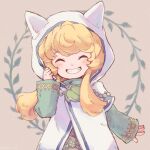  1girl ^_^ animal_ears animal_hood blonde_hair blush brown_background cat_ears cat_hood charlotte_(seiken_densetsu_3) closed_eyes coat commentary_request facing_viewer fake_animal_ears grin hand_up happy hood hood_up hooded_coat lelulinna long_hair long_sleeves seiken_densetsu seiken_densetsu_3 short_over_long_sleeves short_sleeves smile solo teeth upper_body white_coat 