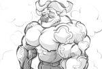  abs anthro biceps bottomwear bovid bovine cattle chief_bogo chirros clothing disney grin horn looking_at_viewer male mammal monochrome muscular muscular_anthro muscular_male nipples pants pecs smile solo steam vein zootopia 