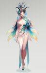  1girl absurdres artist_name blue_butterfly blue_eyes breasts bug butterfly cleavage dryad full_body hair_ornament high_heels highres horns insect jewelry jrobinkim leaf_hair_ornament medium_breasts necklace original pointy_ears sandals simple_background solo standing straight-on 