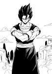  1boy black_hair closed_mouth crossed_arms dougi dragon_ball dragon_ball_z earrings gloves highres jewelry looking_at_viewer male_focus monochrome muscular potara_earrings smile solo spiked_hair tukiwani vegetto white_gloves 