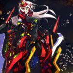  1girl alpha-01 arm_blade blazblue bodysuit breasts crotch_plate devoured_by_darkness forehead_jewel forehead_protector genderswap genderswap_(mtf) gloves green_eyes heterochromia large_breasts long_hair mecha_musume ragna_the_bloodedge red_eyes sakio_(7171) silver_hair thighhighs weapon 