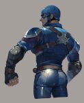  1boy armor ass ass_focus avengers back blonde_hair blue_bodysuit blue_eyes blue_pants bodysuit captain_america cropped_legs elbow_pads fingerless_gloves from_behind gloves highres looking_at_viewer looking_back male_focus marvel mask narrow_waist pants pectorals shoulder_armor simple_background solo spaulders sweatdrop tapioka_chaso toned toned_male 