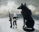  ambiguous_gender animal black_footwear black_pants cloud cloudy_sky dated gu_(goodnight) gun holding holding_gun holding_sword holding_weapon muted_color original oversized_animal oversized_object pants shadow shoes sky solo sword weapon wide_shot wolf 