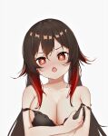  1girl absurdres bare_shoulders black_bra black_hair blush bra breasts cleavage commentary_request fang flower-shaped_pupils genshin_impact gradient_hair highres hu_tao lace-trimmed_bra lace_trim large_breasts ldd.ek looking_at_viewer multicolored_hair off_shoulder open_mouth red_eyes red_hair removing_bra underwear underwear_only unfastened upper_body white_background 
