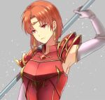  1girl anzk232 armor circlet closed_mouth earrings elbow_gloves fire_emblem fire_emblem:_the_binding_blade fire_emblem_heroes gloves headpiece holding holding_weapon jewelry melady_(fire_emblem) red_armor red_eyes red_hair short_hair solo weapon 